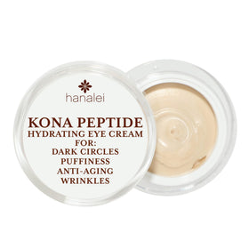 Hanalei Kona Peptide Eye Cream bottle closeup showing caffeine-infused formula for brighter eyes