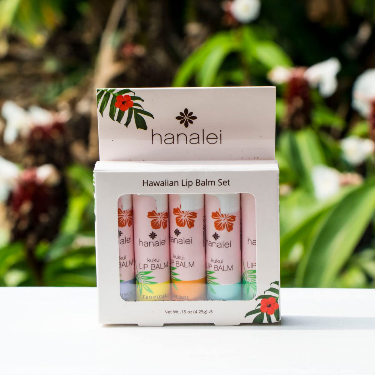 Kukui oil in Hanalei lip balm highlights nourishing fatty acids for lips.