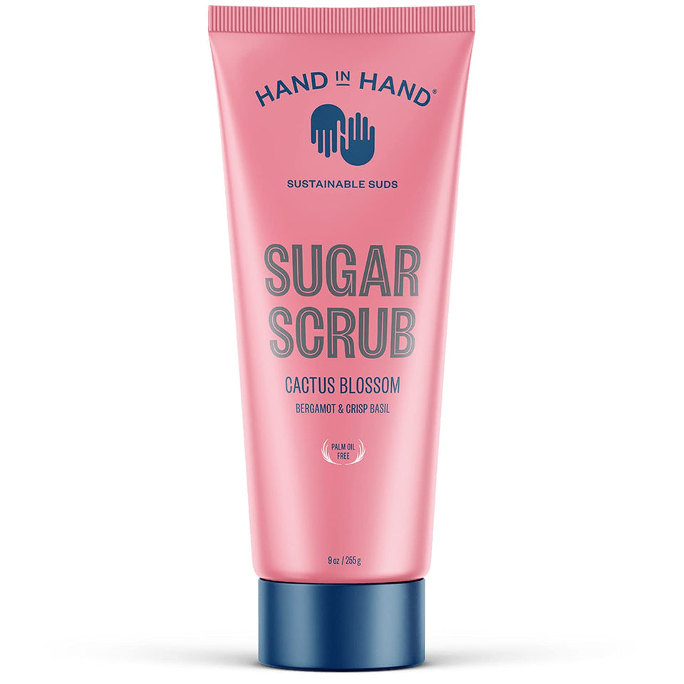 Hand in Hand Sugar Scrub bergamot-basil jar view highlighting exfoliation and glow
