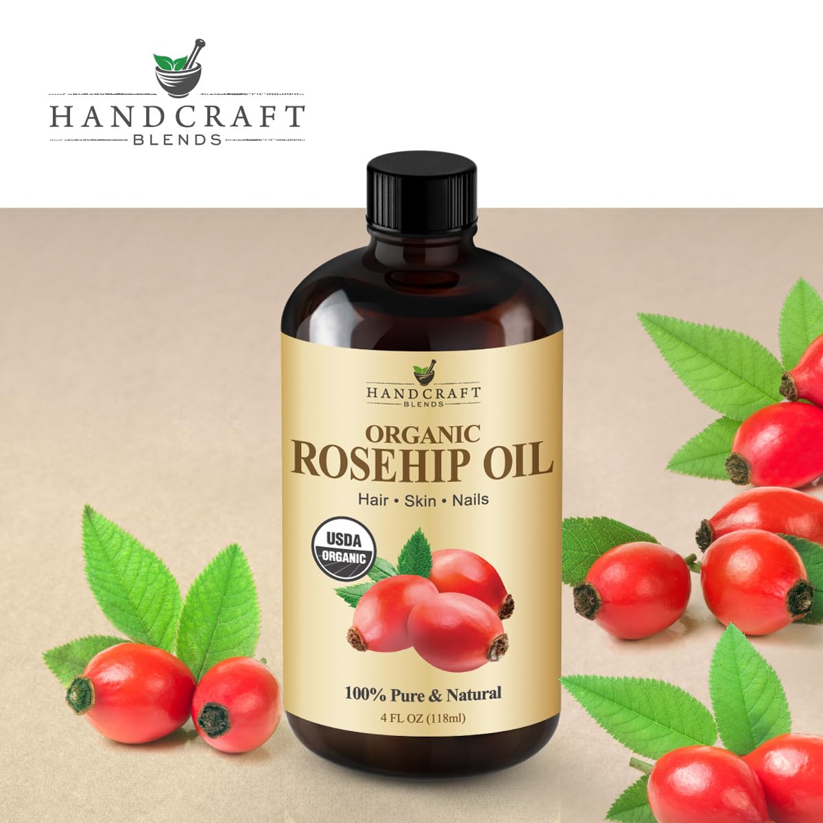 Handcraft Blends amber glass rosehip oil bottle close-up highlighting premium oil