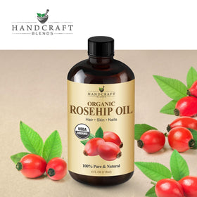 Handcraft Blends amber glass rosehip oil bottle close-up highlighting premium oil