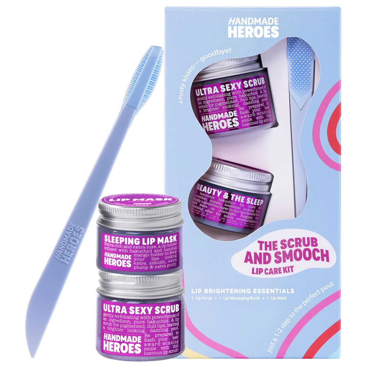 Handmade Heroes Bakuchiol Lip Scrub 3pc set packaging for vegan lip care
