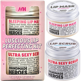 Handmade Heroes coconut lip scrub jar shows creamy texture for gentle exfoliation and smoother lips.