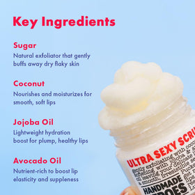 Handmade Heroes lip scrub jar with small spoon demonstrates easy, precise application for exfoliation.