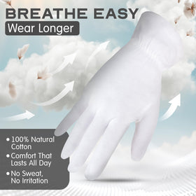 HandsAllright breathable cotton gloves worn at night, secure elastic wristband for movement.
