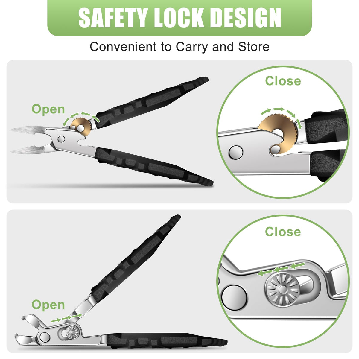 HANDWENG safety lock keeps blades closed when not in use.