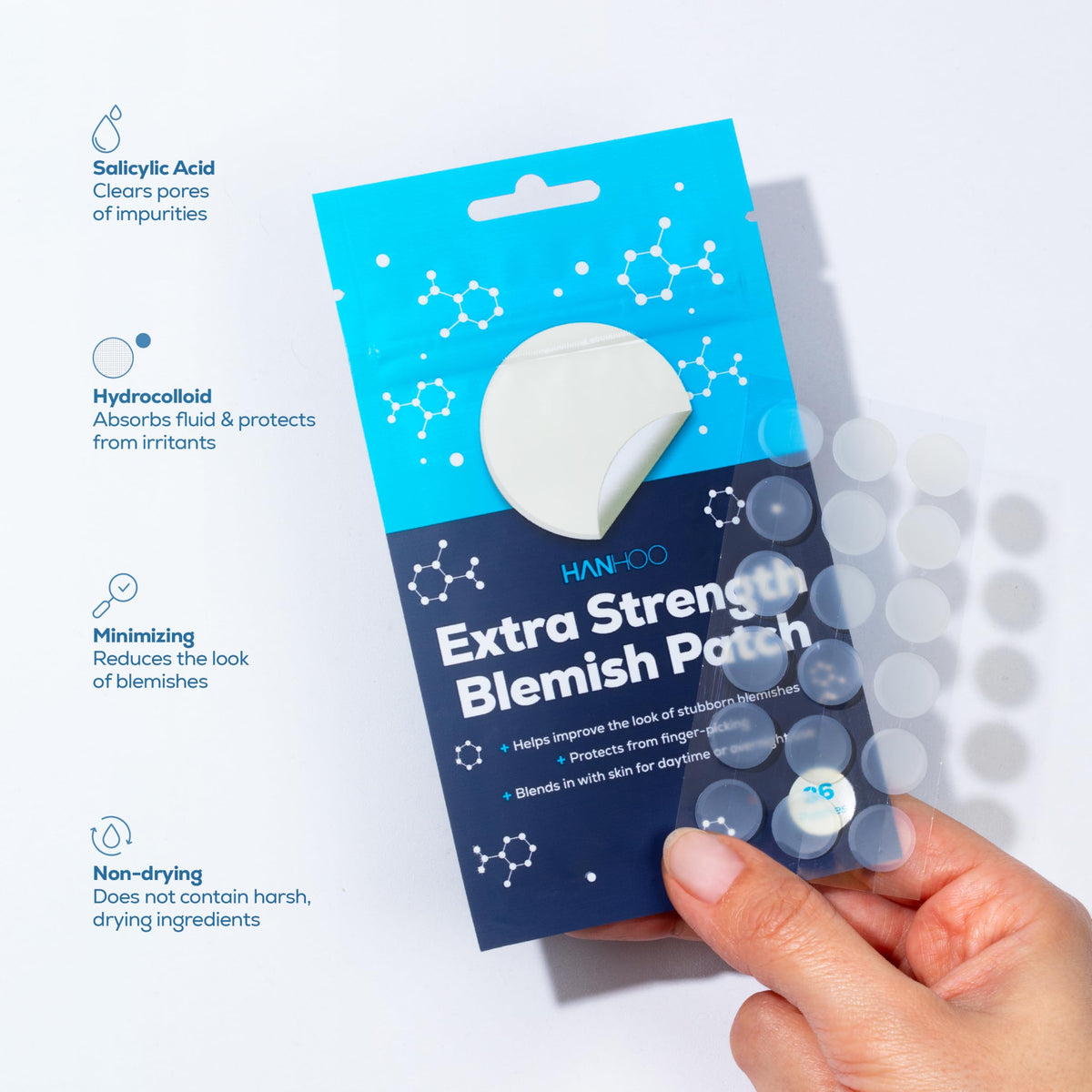 Hanhoo hydrocolloid patch covers blemish while absorbing excess fluid