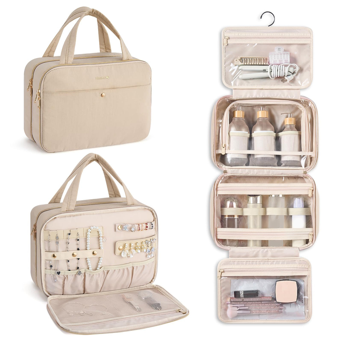Hanke hanging travel toiletry bag in apricot with spacious 9.8L capacity for cosmetics.