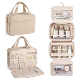 Hanke hanging travel toiletry bag in apricot with spacious 9.8L capacity for cosmetics.
