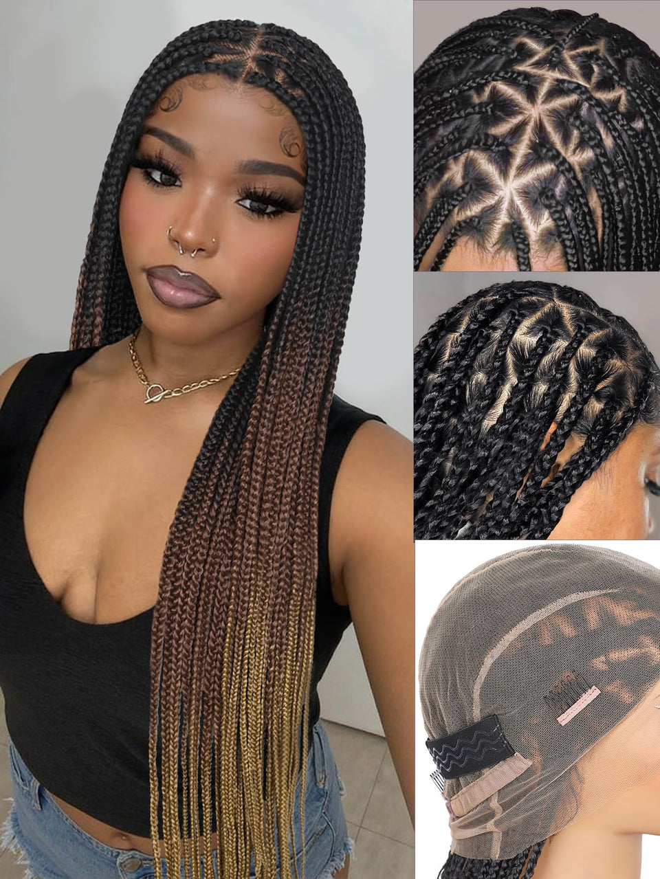 HANNE full lace box braided wig 32inch ombre brown with natural scalp look.