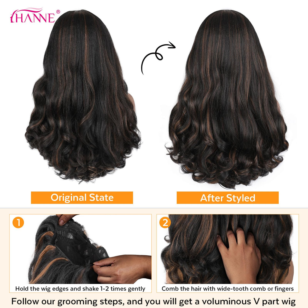 HANNE Yaki Curly V Part wig five combs and adjustment straps for stability