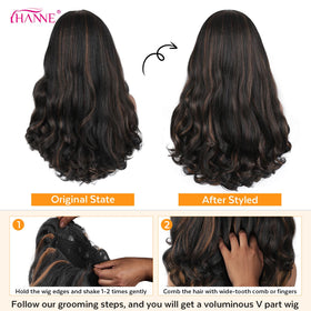 HANNE Yaki Curly V Part wig five combs and adjustment straps for stability