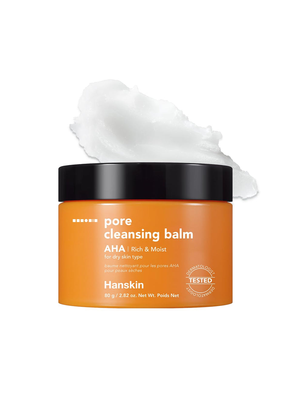 Hanskin AHA Pore Cleansing Balm jar shows smooth exfoliation for dry skin