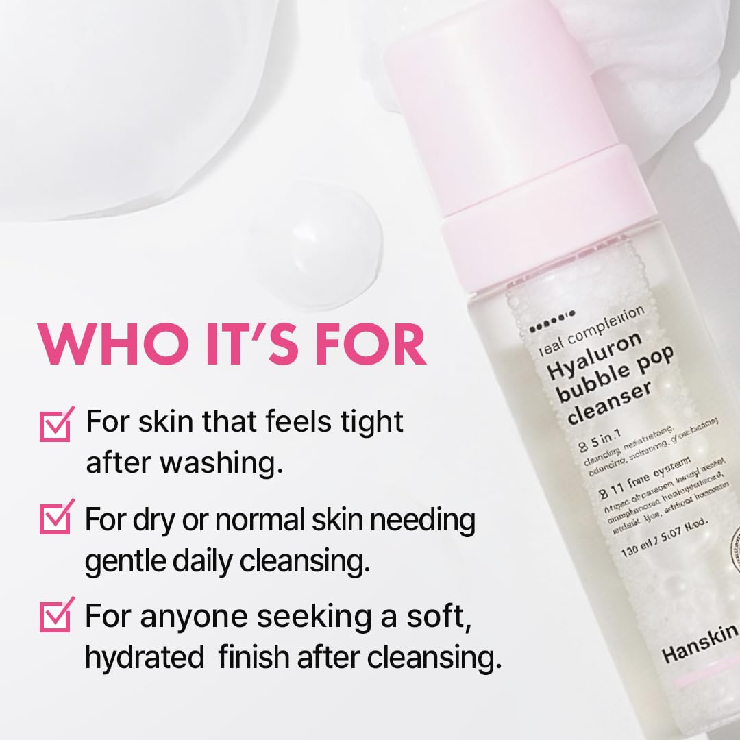 Hanskin Hyaluron Bubble Pop Cleanser daily-use scene at bathroom sink.