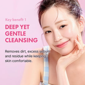 Hanskin Hyaluron Bubble Pop Cleanser pink lather on skin signaling gentle hydration.