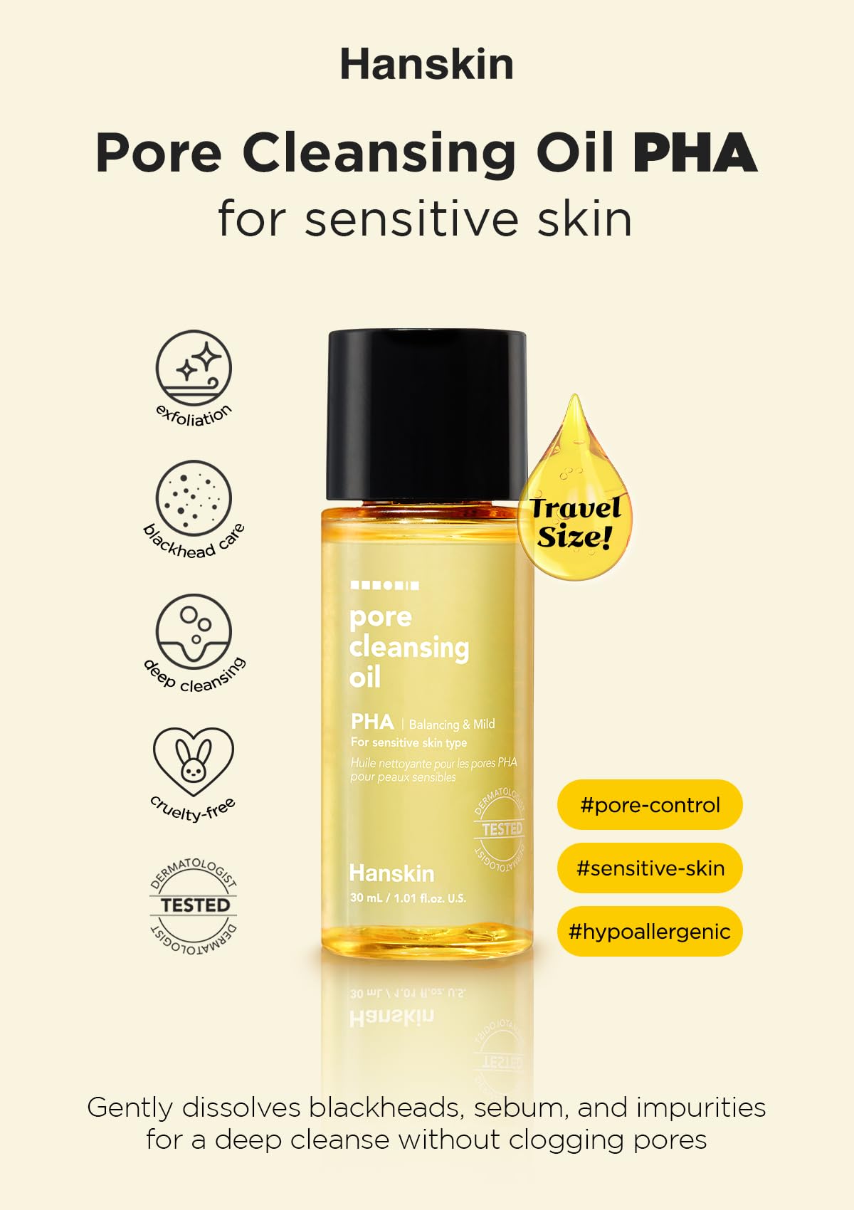 Hanskin PHA Pore Cleansing Oil mini set bottle pour shows easy makeup removal.