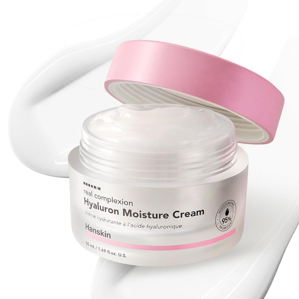 Hanskin Real Complexion Hyaluronic Moisture Cream bottle for deep hydration and dewy glow.