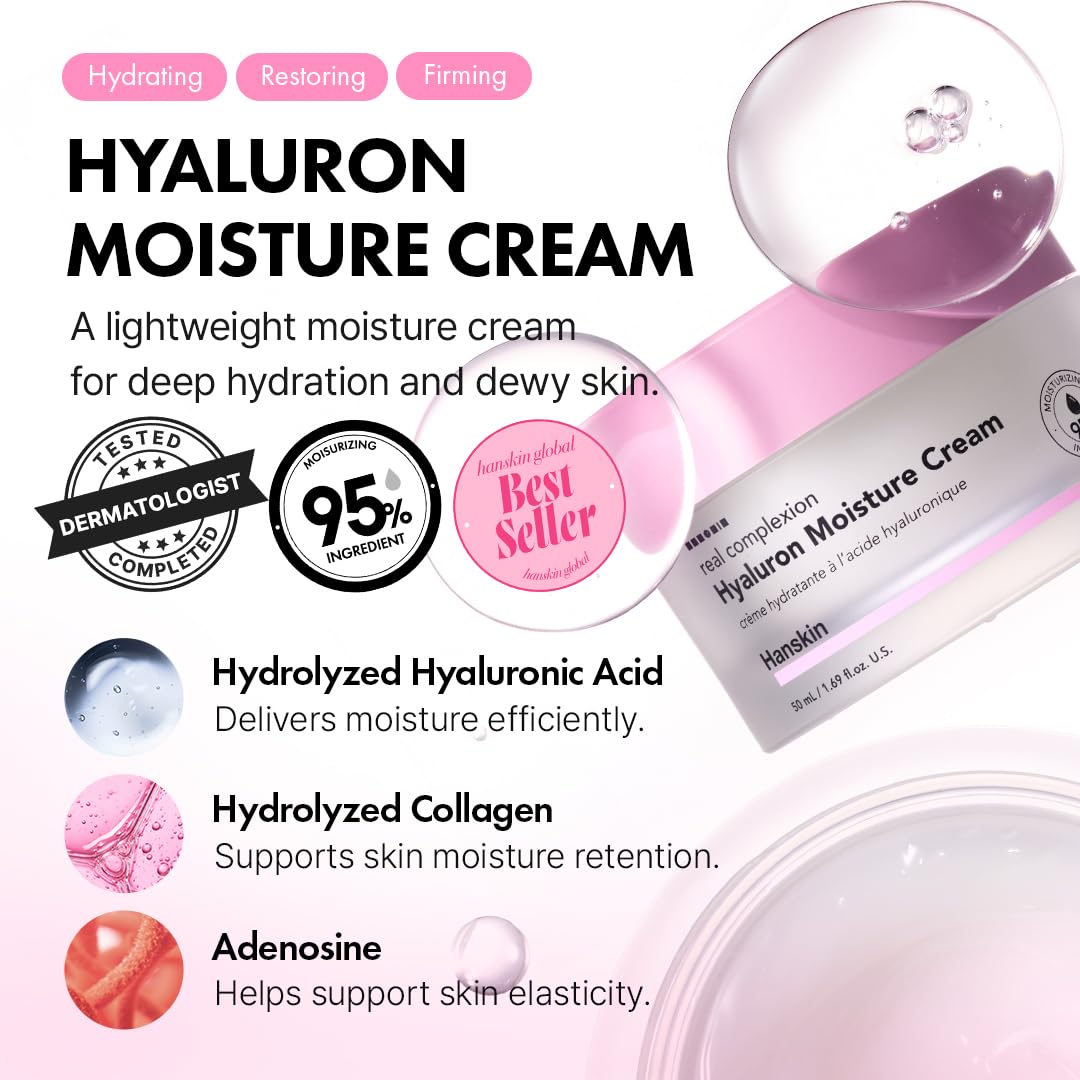 Hanskin Real Complexion Hyaluronic Moisture Cream jar with swirl for smooth moisture.