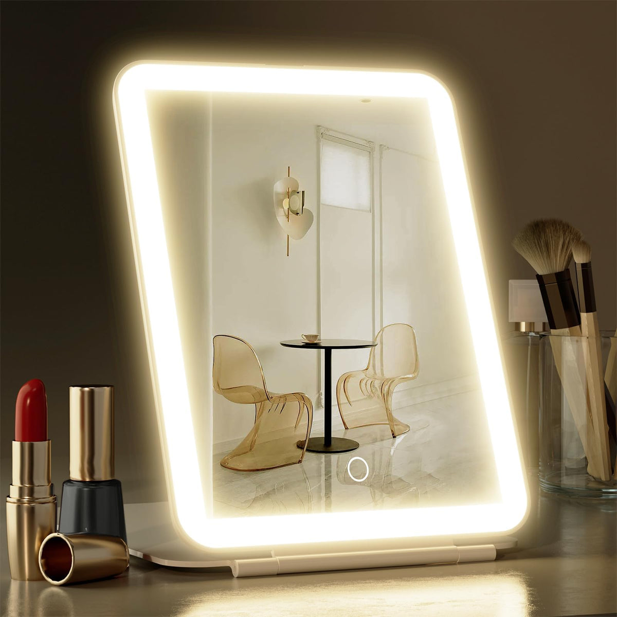 Hansong folding makeup mirror with lights for travel and precise makeup on the go.
