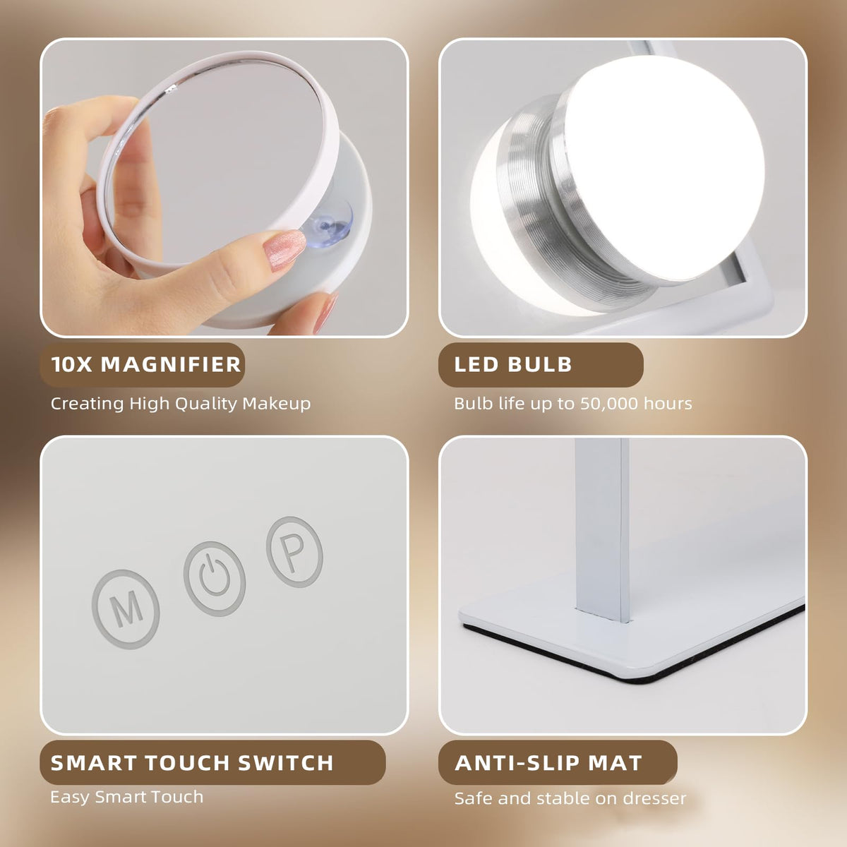 Hansong 10x magnifying mirror helps precise makeup application close-up.