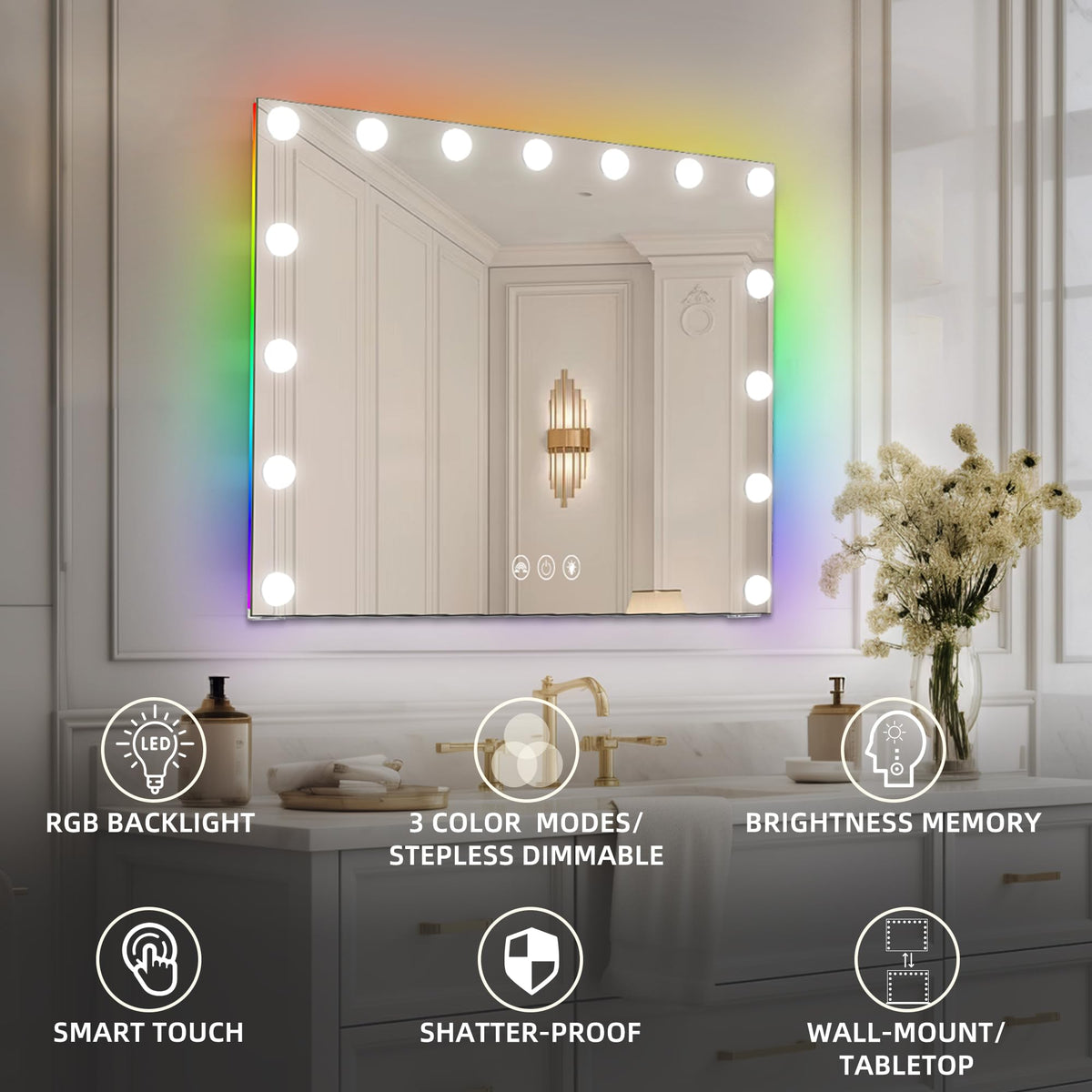 Hansong vanity mirror with 15 dimmable bulbs provides customizable lighting.