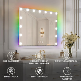 Hansong vanity mirror with 15 dimmable bulbs provides customizable lighting.