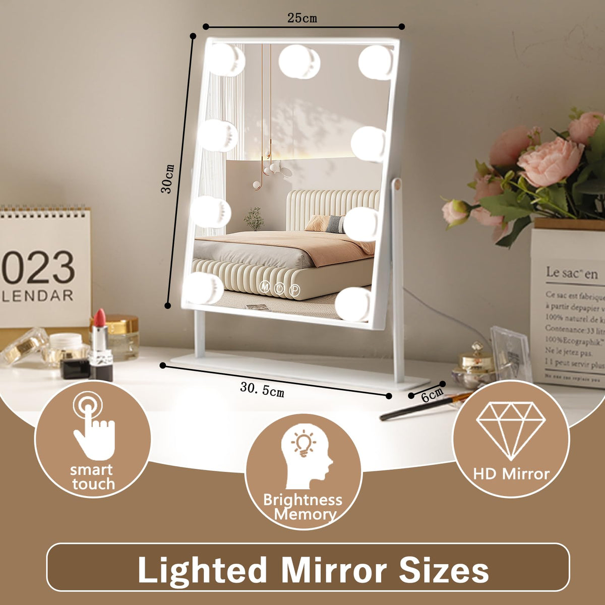 Hansong aluminum frame provides a sturdy, long-lasting vanity companion.