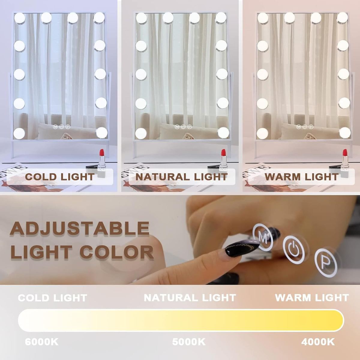Hansong vanity mirror with 3 color lighting modes for day and night tasks