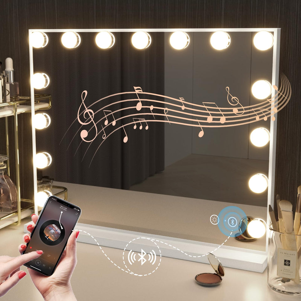Hansong vanity mirror with lights, front view, 15 LED bulbs for clear makeup lighting.