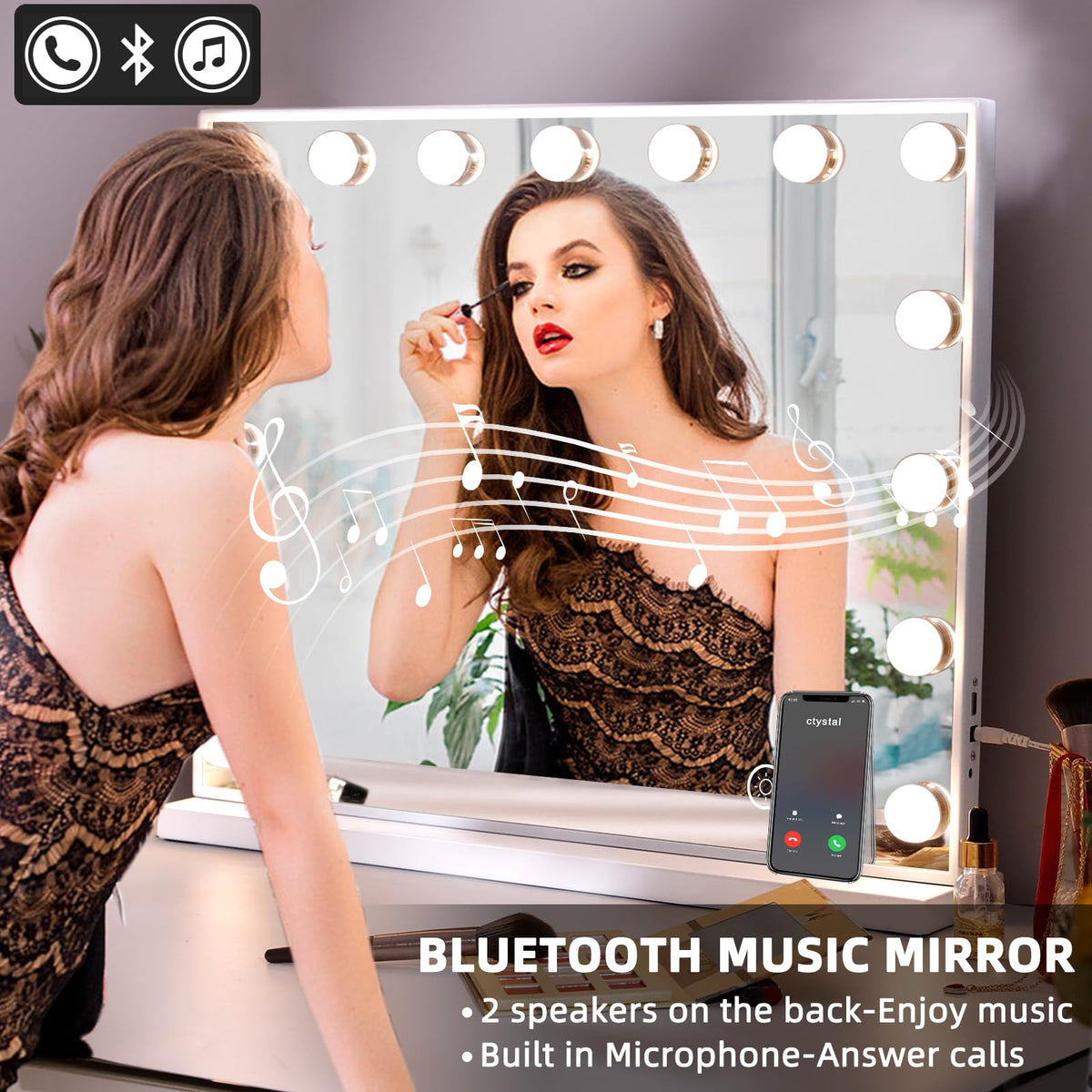 Hansong vanity mirror with USB charging port for convenient device power.