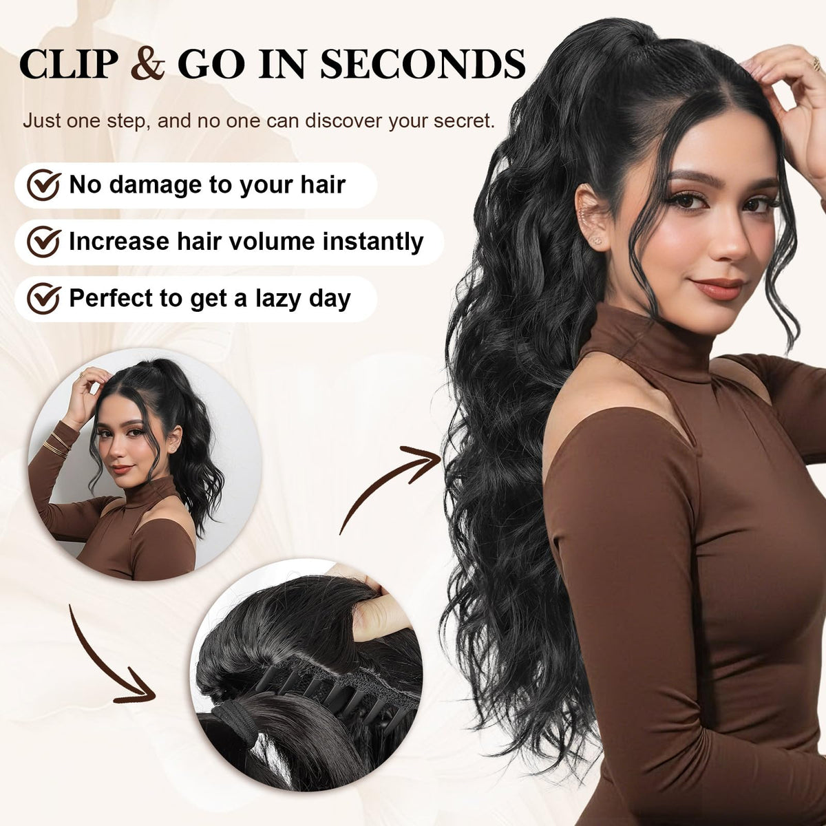 HANYUDIE clip-in ponytail for daily wear adds natural fullness.