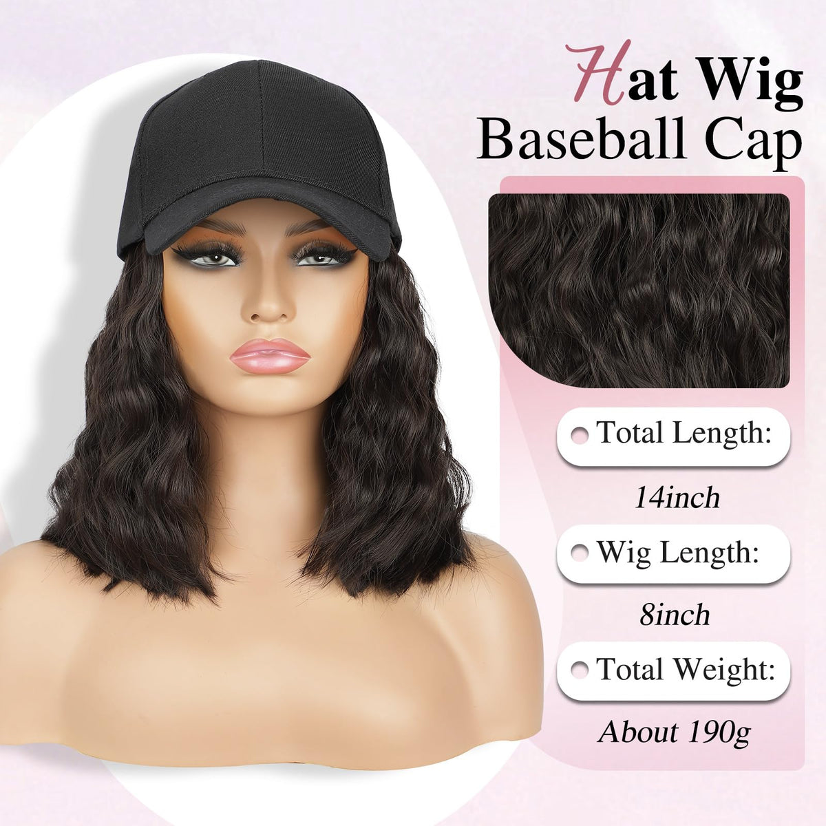 HANYUDIE hat wig featuring curly wave texture provides natural-looking volume with soft, tangle-resistant fibers.