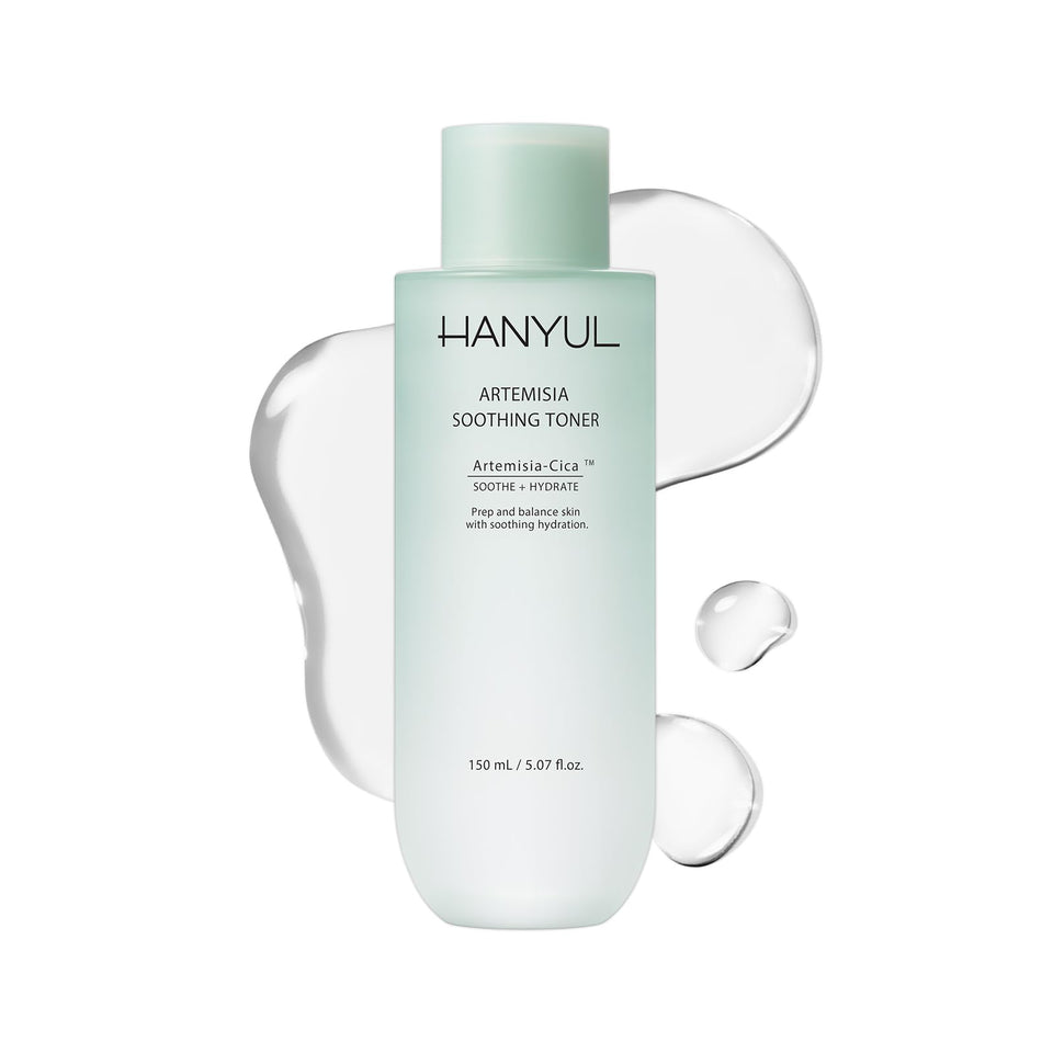 HANYUL Artemisia Soothing Toner bottle close-up, hydrating and calming formula.