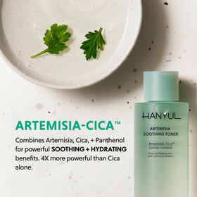 Mugwort and panthenol icons illustrate soothing actives in the formula.
