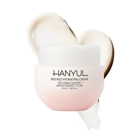 HANYUL Red Rice Hydrating Cream bottle close-up highlighting deep hydration.