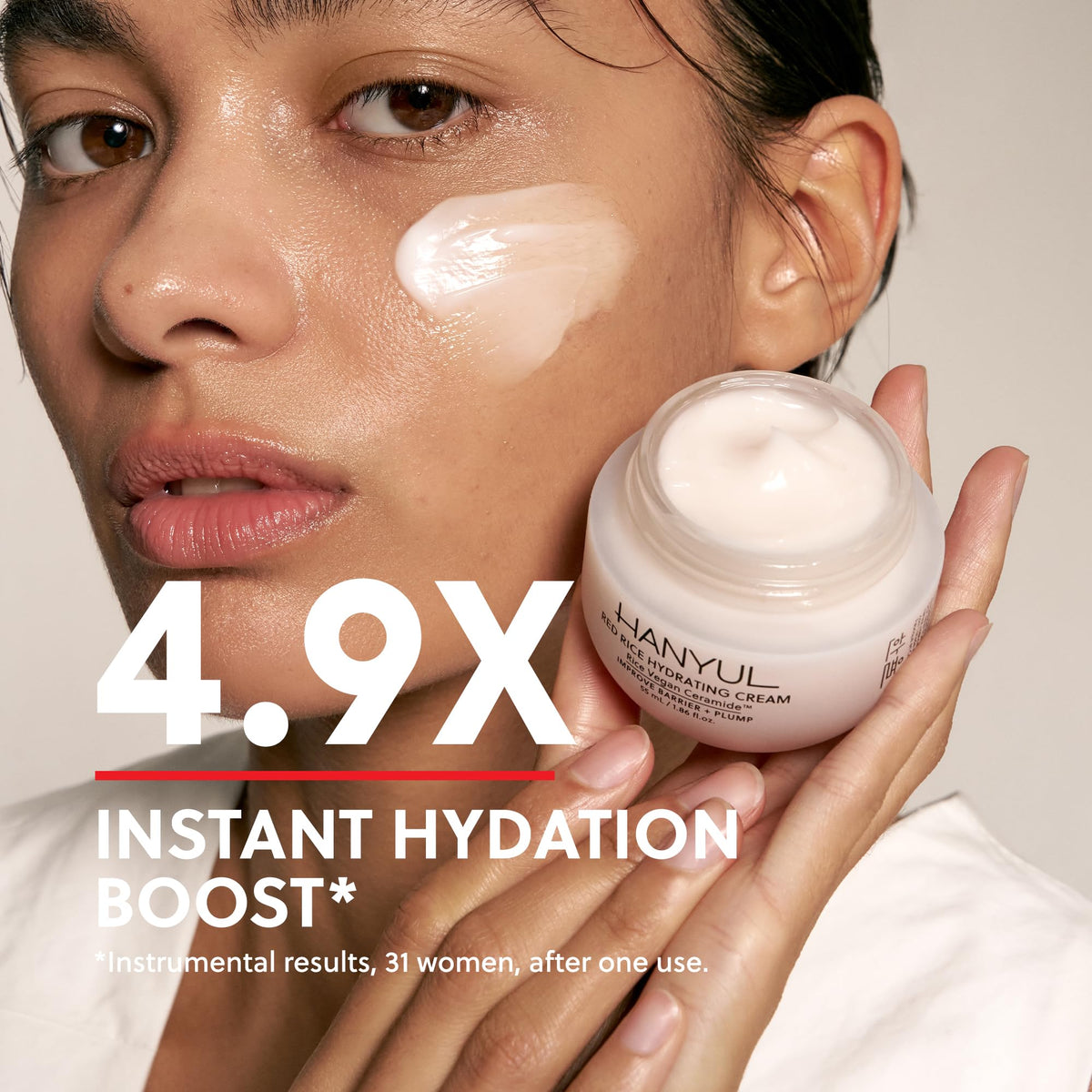 Front view of HANYUL Red Rice Hydrating Cream jar showing moisture-boosting formula.