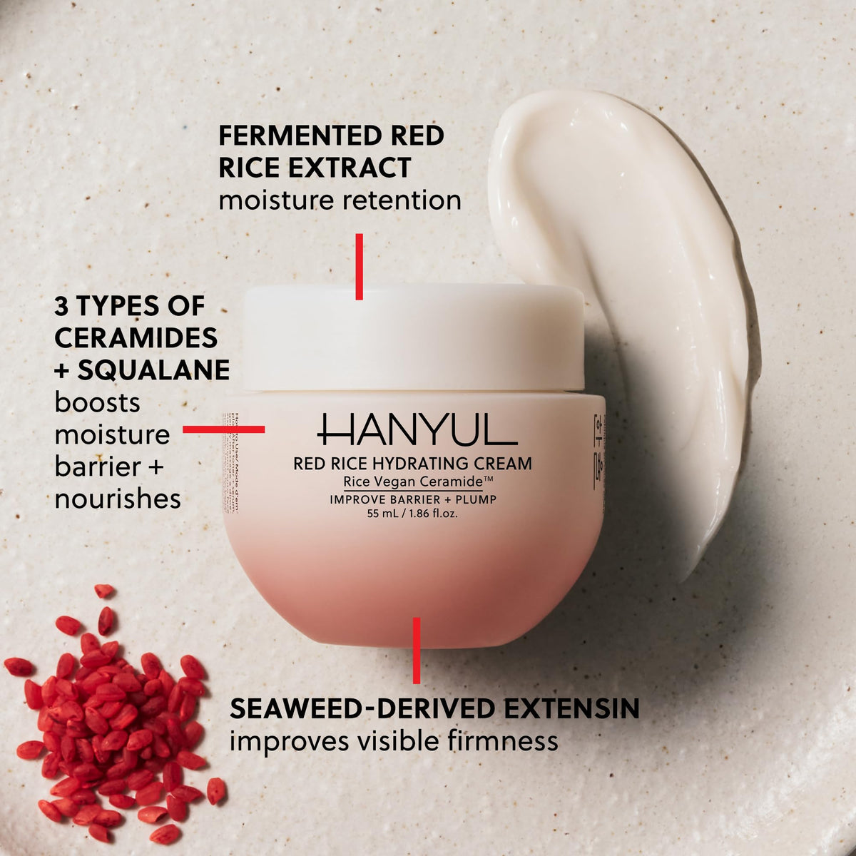 Close-up of HANYUL Red Rice Hydrating Cream texture for creamy daily hydration.