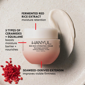 Close-up of HANYUL Red Rice Hydrating Cream texture for creamy daily hydration.