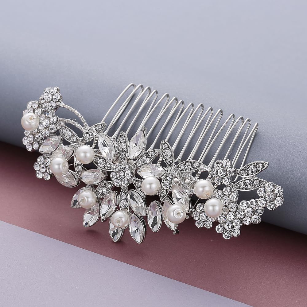 Hapibuy silver crystal hair comb enhances a classic bridal hairstyle with shimmer.