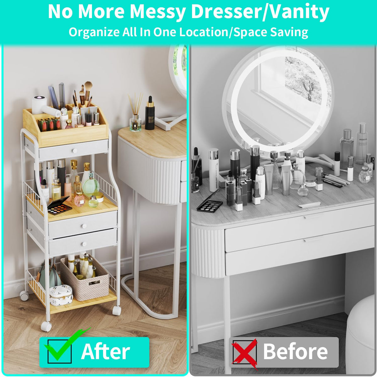 HapiRm floor makeup organizer cart arc-design emphasizes elegant, accessible storage.