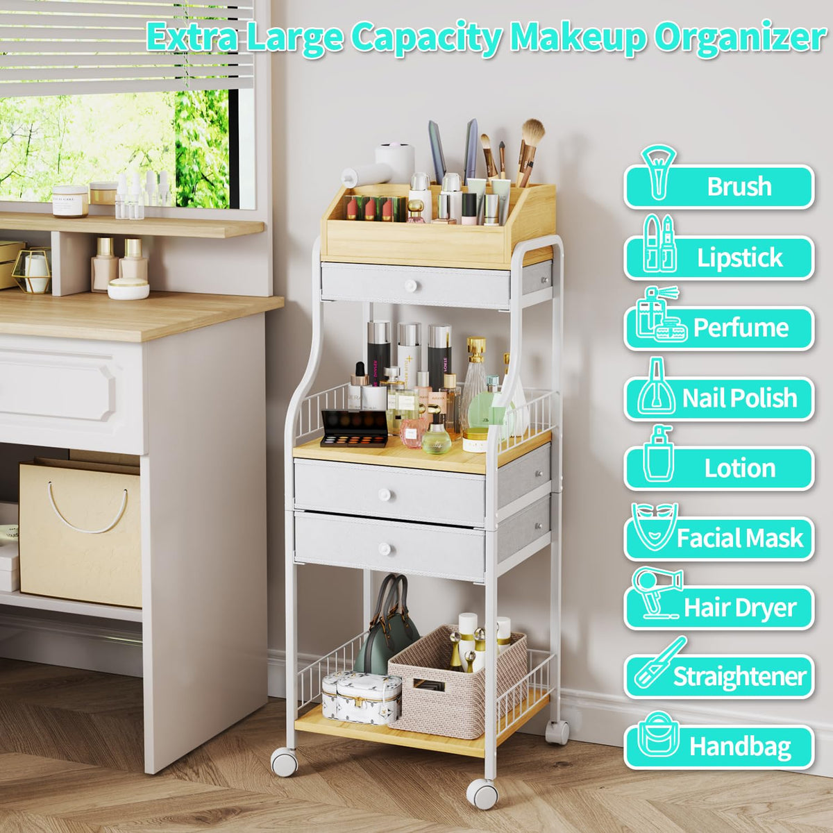 HapiRm floor makeup organizer cart bottom-shelf for bags and larger storage boxes.