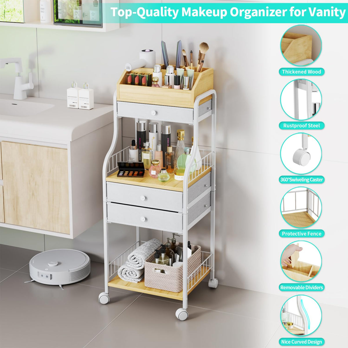 HapiRm floor makeup organizer cart four casters enable smooth mobility with brakes.