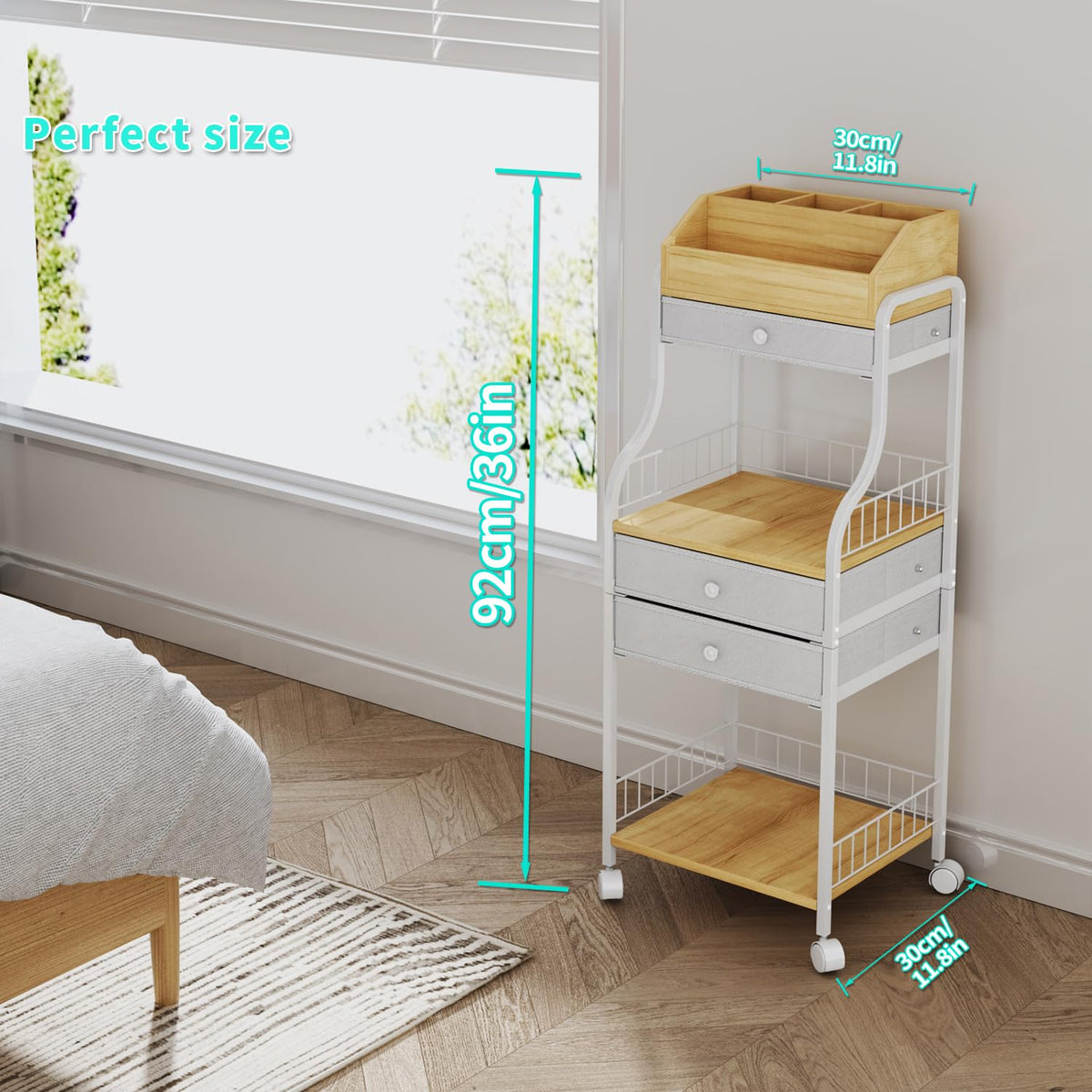 HapiRm floor makeup organizer cart drawer-detailed view showing six compartments and drawers.