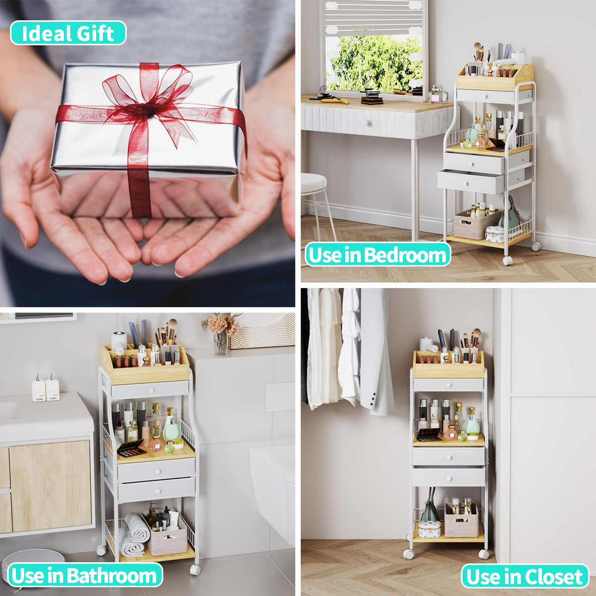 HapiRm floor makeup organizer cart safety railing keeps items secure during use.