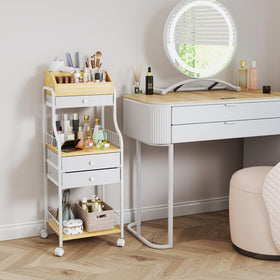 HapiRm floor makeup organizer cart side view highlighting sturdy cabinet construction for heavy products.