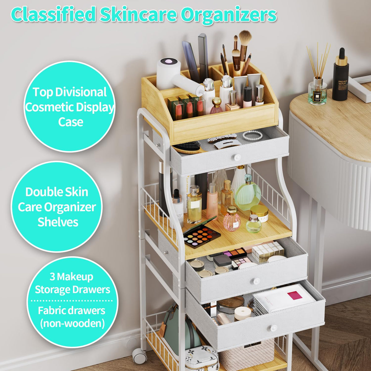 HapiRm floor makeup organizer cart top-compartments image for brushes, lipsticks, and perfumes.