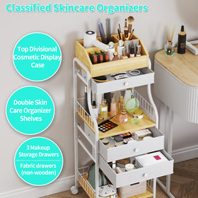 HapiRm floor makeup organizer cart top-compartments image for brushes, lipsticks, and perfumes.