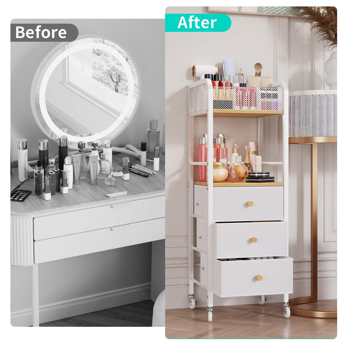 HapiRm makeup cart middle open shelf provides easy access to full-size cleansers.