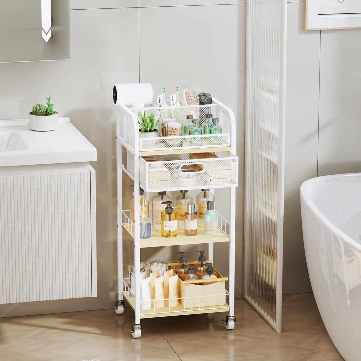 HapiRm open shelf with guardrails holds full-size bottles securely