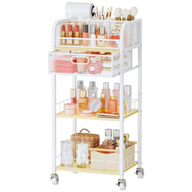 HapiRm makeup cart top view shows organized compartments for skincare and cosmetics